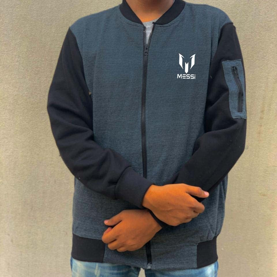 New Winter Collection Charcoal Grey Messi Printed Zipper Jacket for Men &amp; Boys – Premium French Fleece, Smart Fit, Stylish &amp; Comfortable Winter Wear