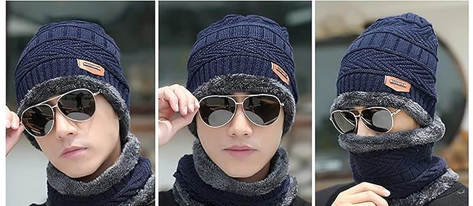 Head &amp; Neck Cap Beanies Combo - woolen winter beanie cap with neck warmer muffler for men and women