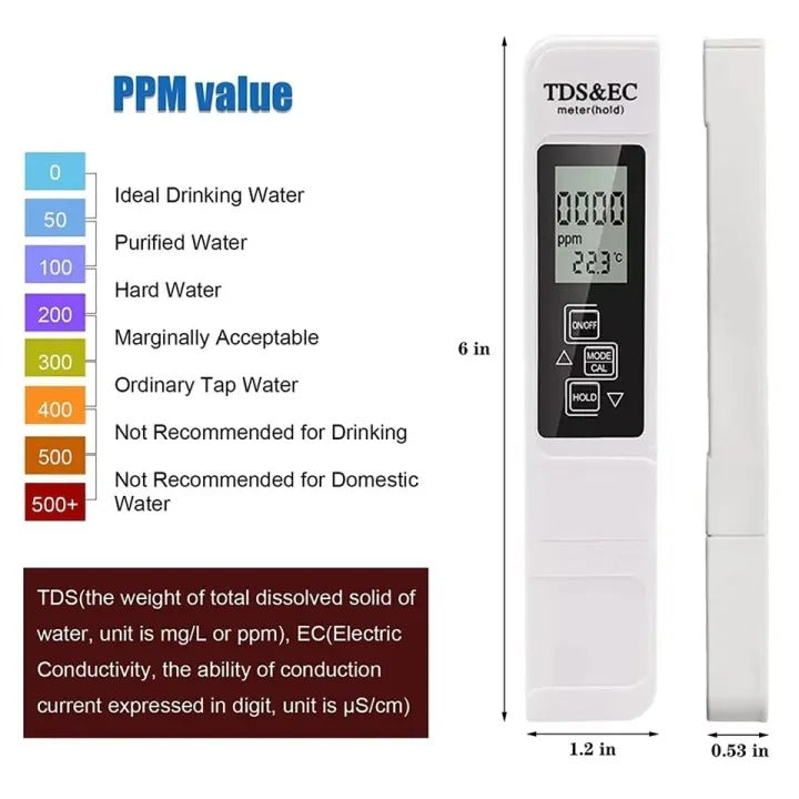 Portable Digital Water TDS, EC, And Temperature Meter (3-in-1) With ATC Function, 1ppm Resolution, 0-9990ppm Purity Tester
