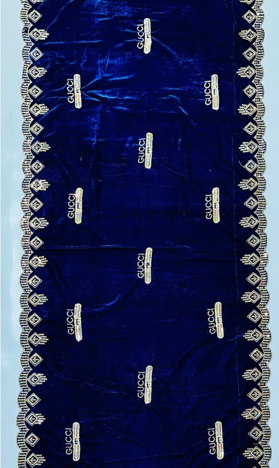 Luxurious Blue Velvet Embroidered Shawl - Elegant Fashion Accessory