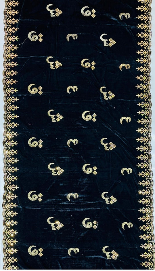 Luxurious Blue Velvet Embroidered Shawl - Elegant Fashion Accessory