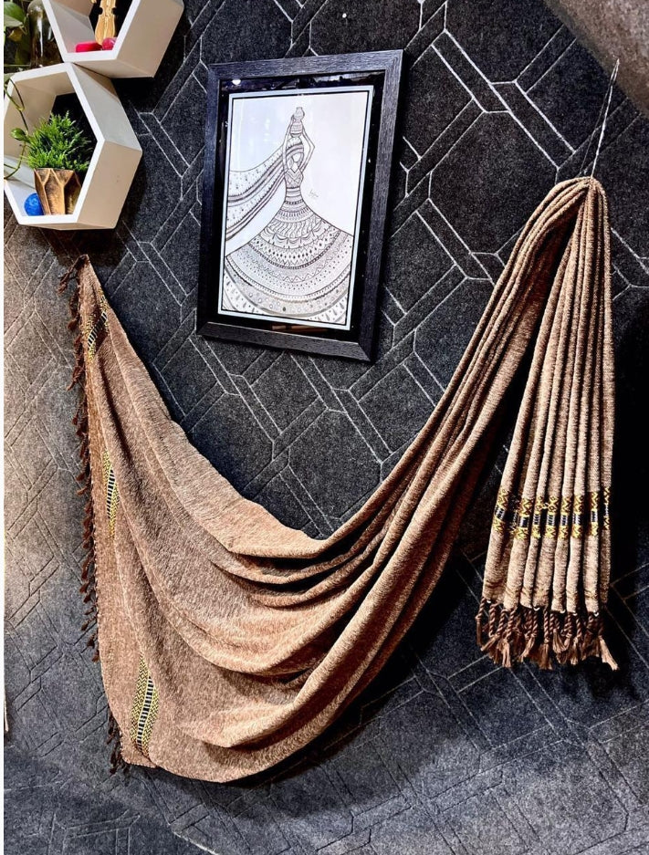 Luxurious Velvet Shawl - 1 Pc Plain Beige Wrap