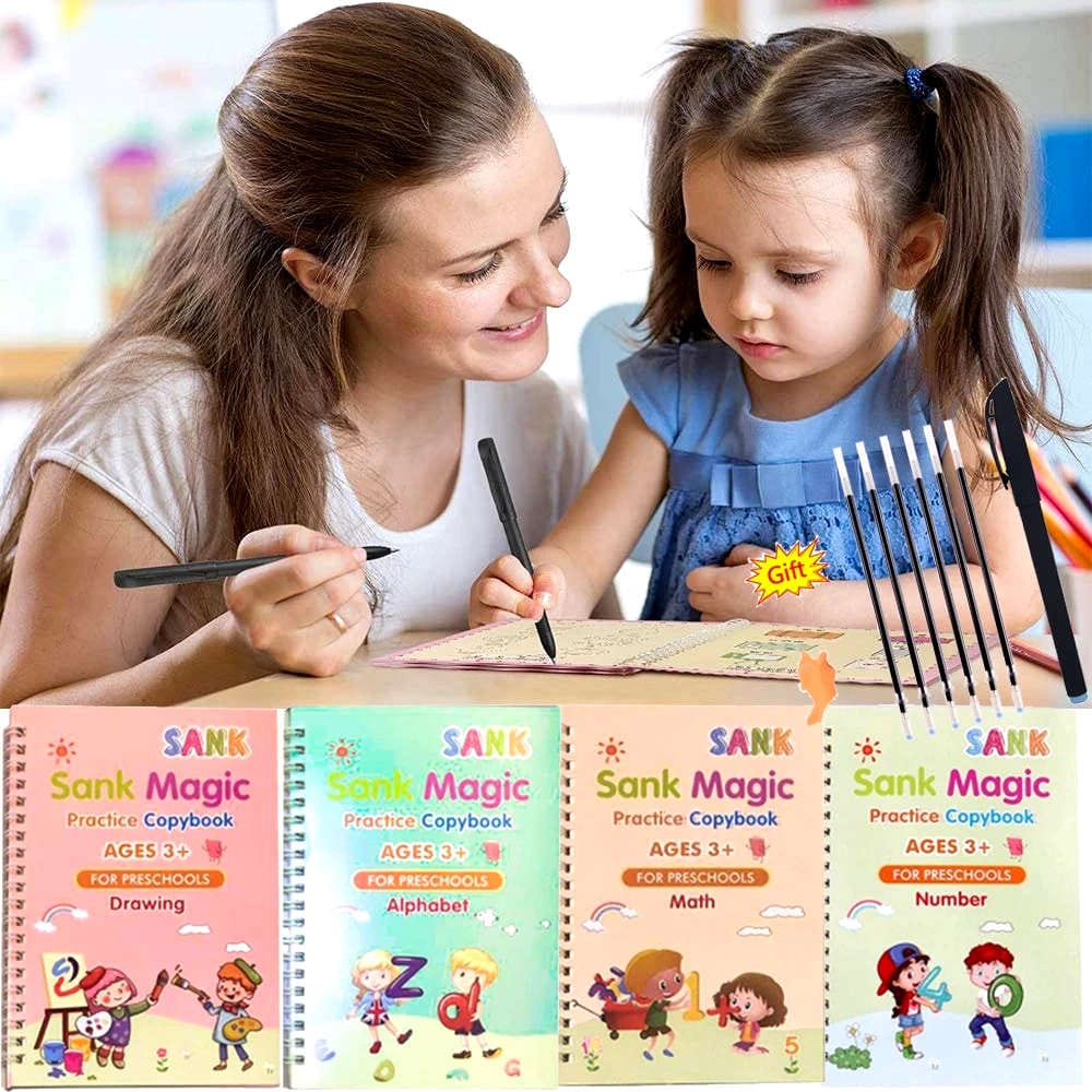 Sank Magic Book for Montessori Children Tracing Handwriting First Pre-school Baby Learning Books for Kids (4 Books + Magic Pen with 10 Ink Refills)