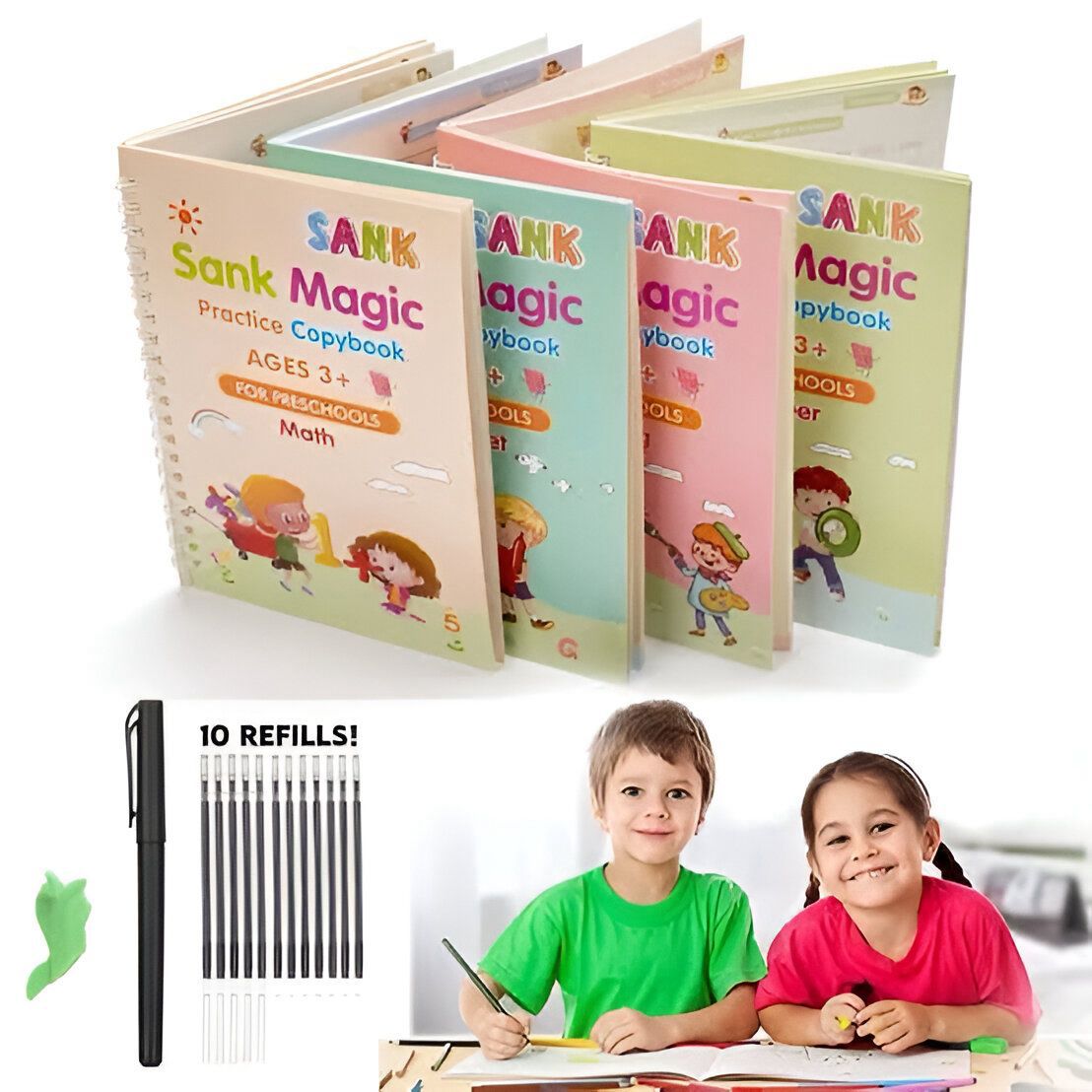 Sank Magic Book for Montessori Children Tracing Handwriting First Pre-school Baby Learning Books for Kids (4 Books + Magic Pen with 10 Ink Refills)