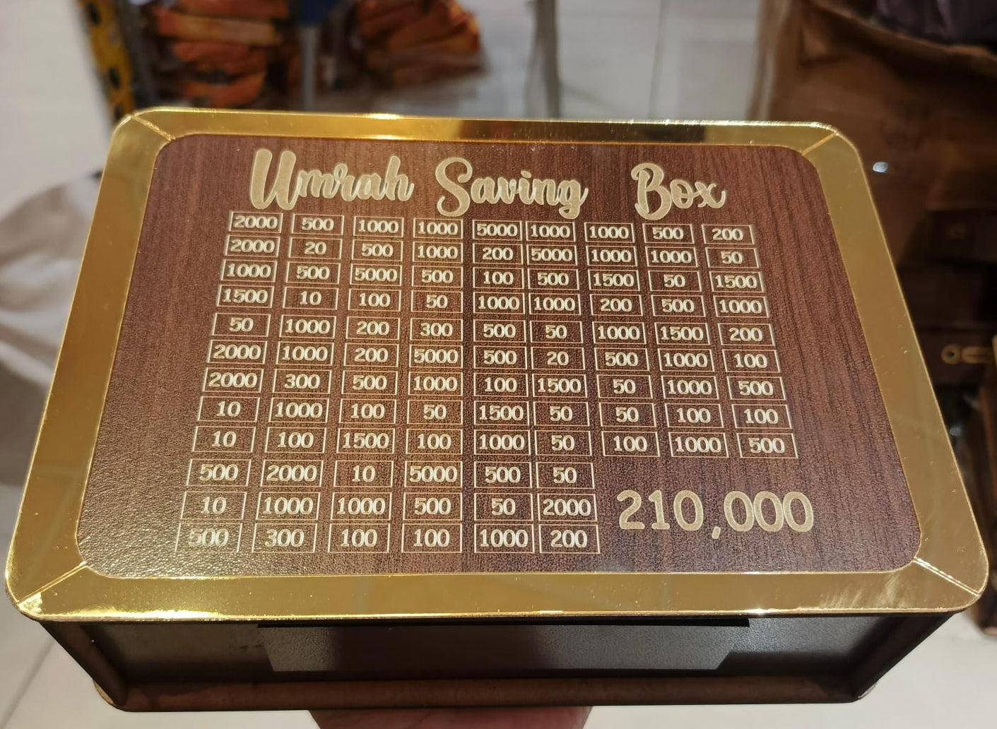 Umrah Saving Box - Best Quality Umrah Saving Box - Umrah Saving Box Dark Brown, Wooden Money Box for Umrah - 210,000
