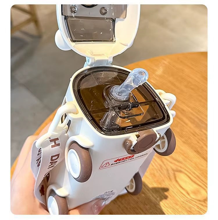 School Bus Design Kids Water Bottle With Strap– 600ml ABS Plastic Leak-Proof Bottle Small Square Drinking Cup – Fun &amp; Durable Water Bottle for Children (Random Color)