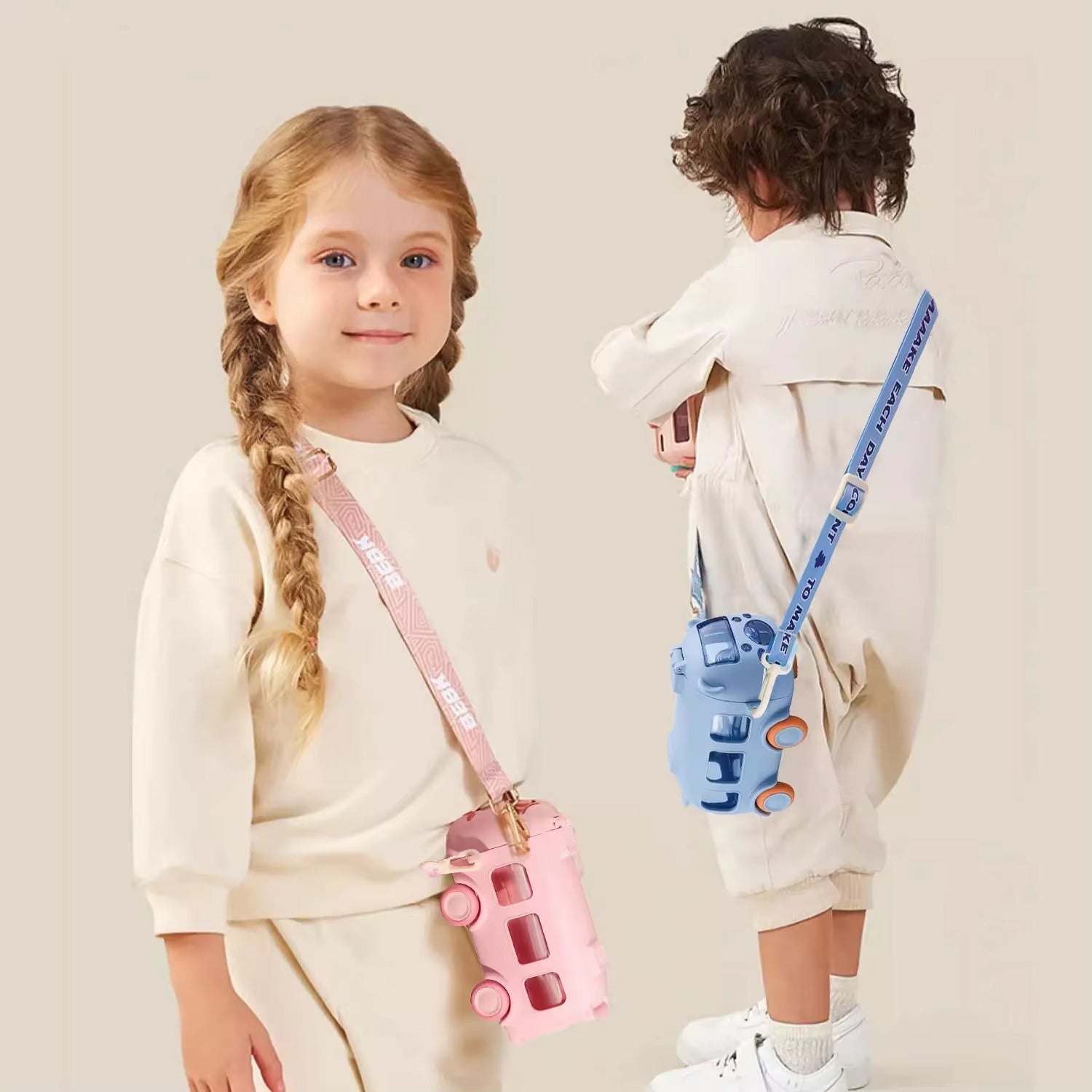 School Bus Design Kids Water Bottle With Strap– 600ml ABS Plastic Leak-Proof Bottle Small Square Drinking Cup – Fun &amp; Durable Water Bottle for Children (Random Color)