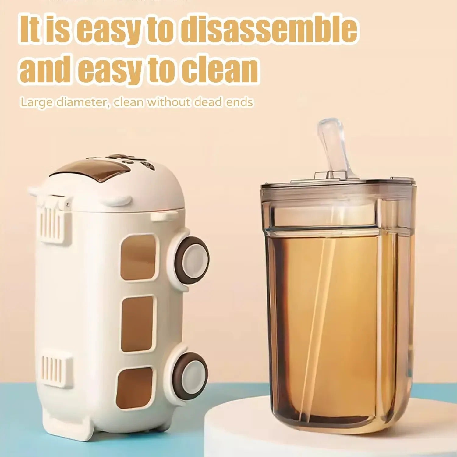 School Bus Design Kids Water Bottle With Strap– 600ml ABS Plastic Leak-Proof Bottle Small Square Drinking Cup – Fun &amp; Durable Water Bottle for Children (Random Color)