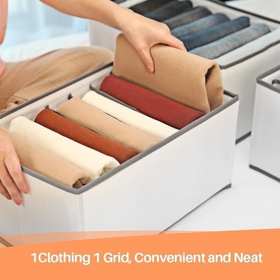 7 Grid Non-Woven Clothes Organizer for Wardrobe – Foldable Storage Box, Milky White, 75 GSM (18x9x9 in)